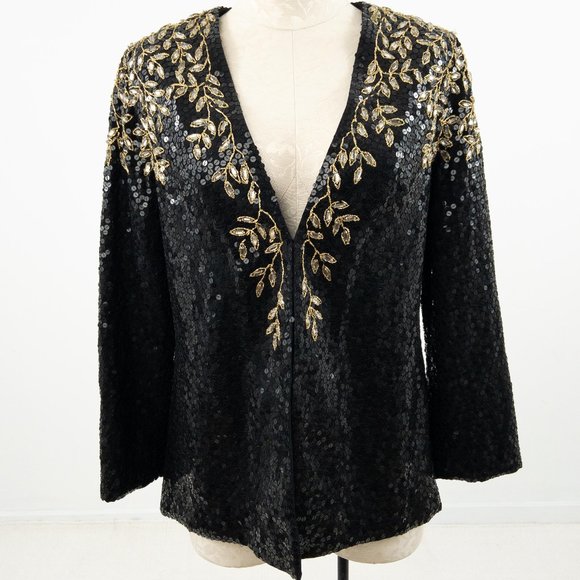 Vintage 80s S/M Vine Bedazzled Sequin Blazer Black - Picture 1 of 7